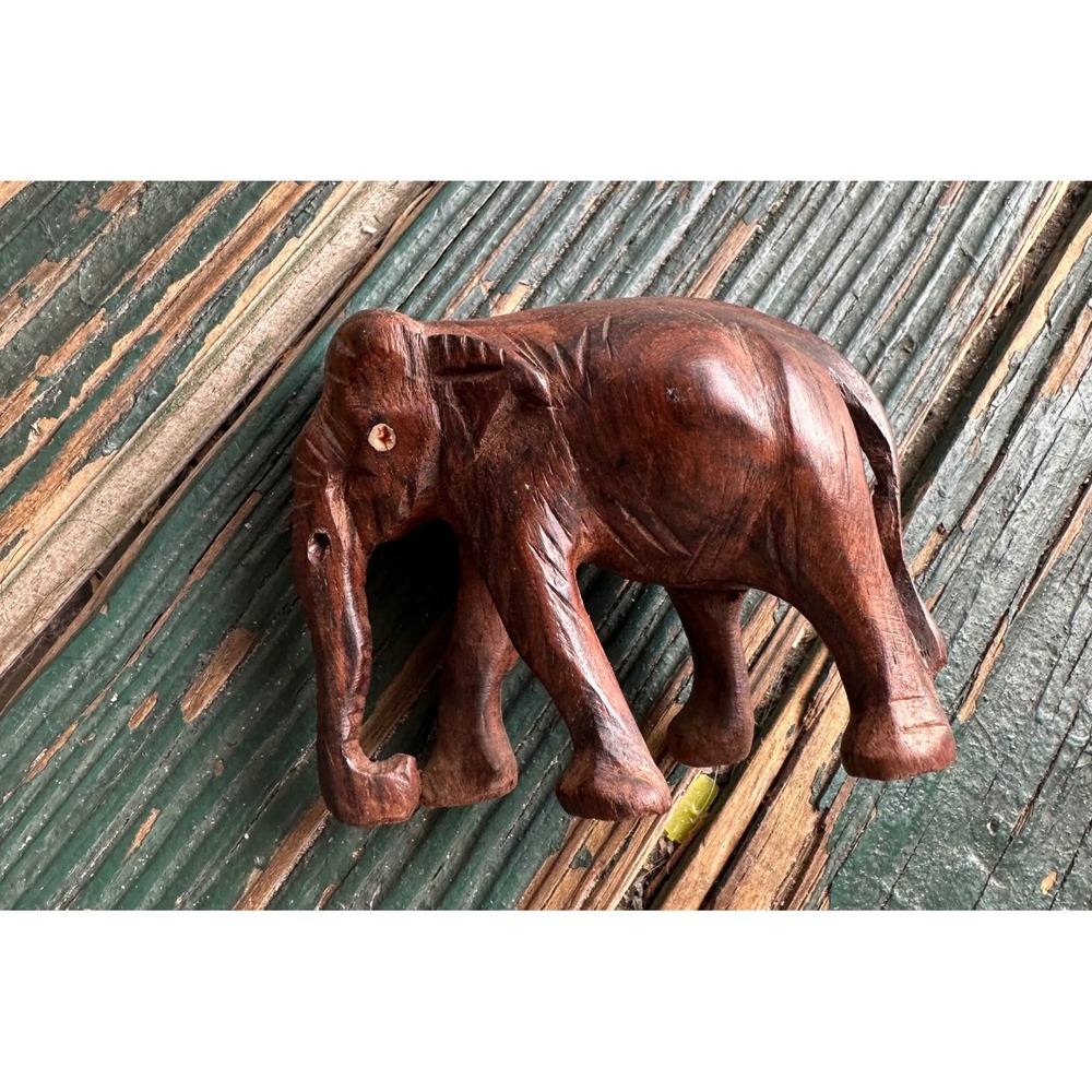 Vintage Hand Carved Wood Elephant Figurine Miniature Trunk Down Sculpture A3633